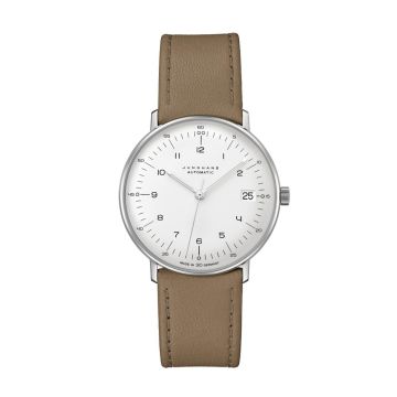 Damenarmbanduhr Edelstahl Junghans Max Bill Kleine Automatik, Lederband beige